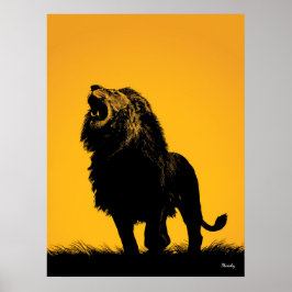 Poster Cartaz do Leão Rugindo – Silhueta Preta no Amarelo
