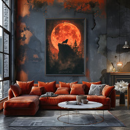 Poster Cartaz do Lobo Uivando com Lua de Sangue e Florest