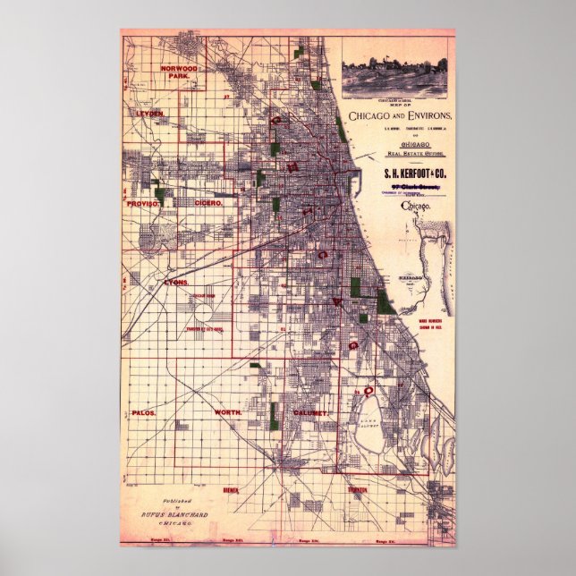Poster Cartaz do Mapa Antigo de Chicago (Frente)