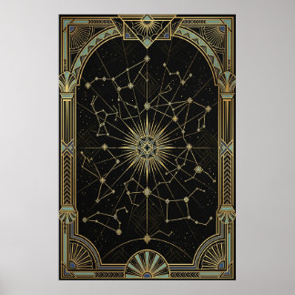 Poster Cartaz do Mapa Celeste Estelar Art Déco | Dourado