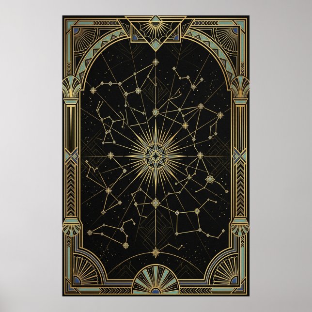 Poster Cartaz do Mapa Celeste Estelar Art Déco | Dourado  (Frente)
