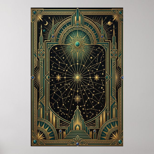 Poster Cartaz do Mapa Celeste Estelar Art Déco | Dourado  (Frente)