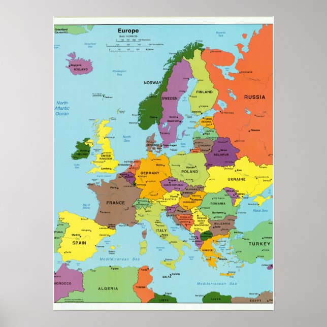 Poster Cartaz do Mapa Colorido Moderno da Europa (Frente)