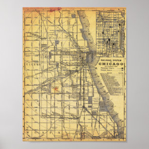 Poster Cartaz do Mapa Ferroviário Detalhado Antigo de Chi