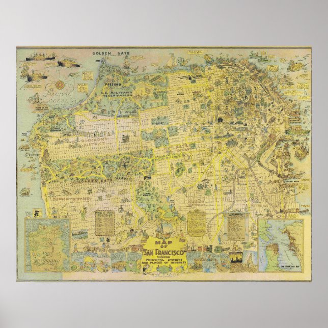 Poster Cartaz do Mapa Ilustrado Antigo de São Francisco d (Frente)