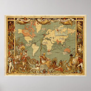 Pôster Cartaz do Mapa Mundial do Império Britânico de 188