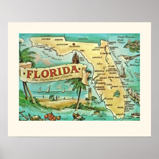 Poster Cartaz do Mapa Retro da Flórida 16x20 (Frente)