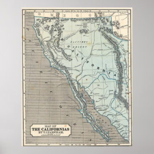 Poster Cartaz do Mapa Vintage da Califórnia 1845