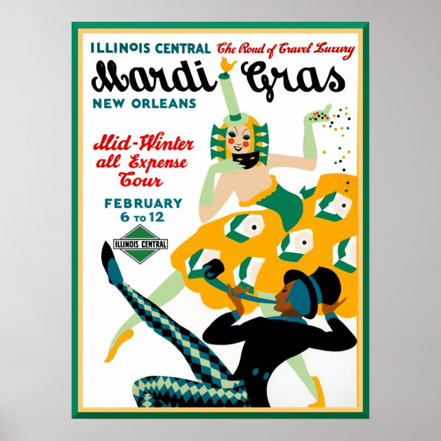 Poster Cartaz do Mardi Gras da Illinois Central Railroad (Frente)