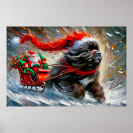 Poster Cartaz do Newfie Puxando o Trenó do Papai Noel