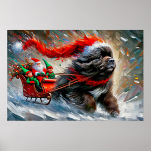 Poster Cartaz do Newfie Puxando o Trenó do Papai Noel