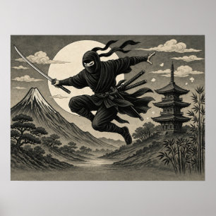 Poster Cartaz do Ninja Japonês Lua Cheia Fuji