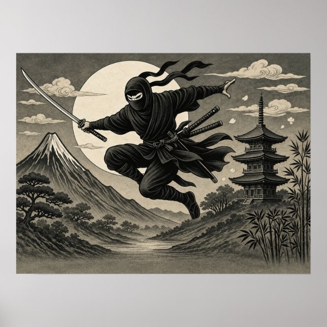 Poster Cartaz do Ninja Japonês Lua Cheia Fuji (Frente)
