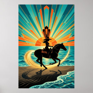 Poster Cartaz do pôr do sol da vaqueira Art Deco