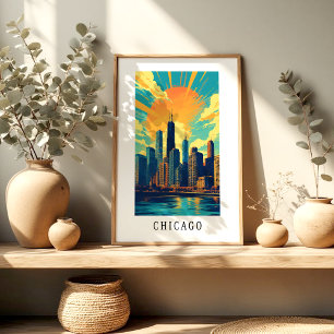 Poster Cartaz do pôr do sol do horizonte de Chicago