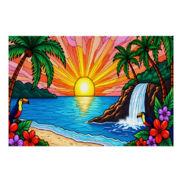 Pôster Cartaz do Pôr do Sol em Vidro Colorido Tropical