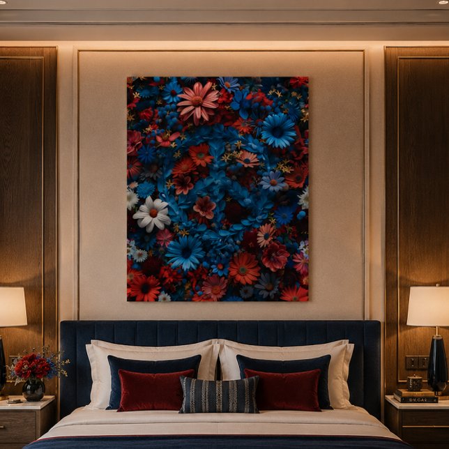 Poster Cartaz do Símbolo da Paz Floral Patriótico (Luxury boutique hotel bedroom with vibrant floral art above the bed, timeless elegance.)