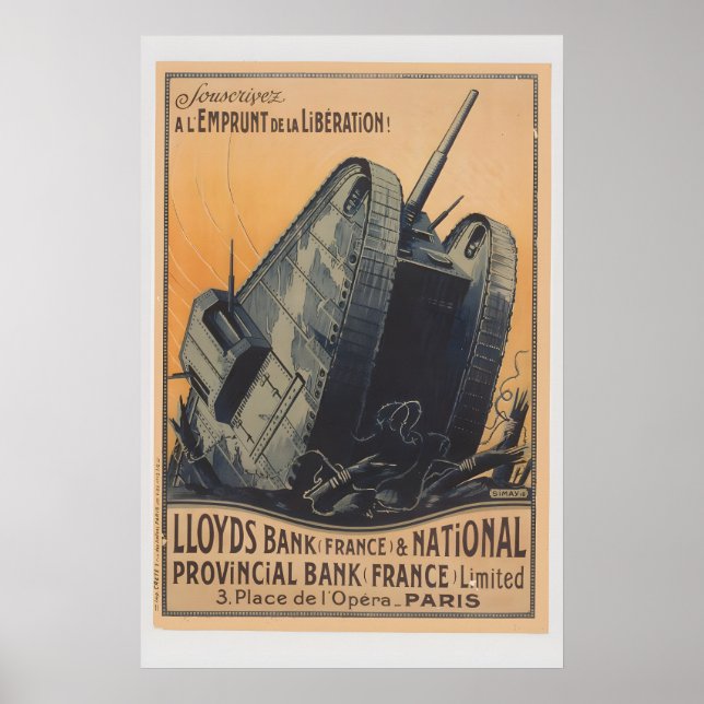 Poster Cartaz do Tanque Francês de 1918 da Primeira Guerr (Frente)