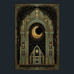Poster Cartaz do Templo Celestial Art Déco | Explosão Sol<br><div class="desc">Ascenda ao luxo com o pôster do Grande Templo "Aura Celestial". Esta obra-prima apresenta um majestoso zigurate com uma grandiosa escada central subindo em direção a um brilhante sol dourado. O design é emoldurado por padrões geométricos intrincados e arcos clássicos numa sofisticada paleta de azul-turquesa,  dourado e preto obsidiana.</div>