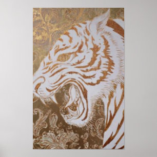 Poster Cartaz do Tigre Branco Rugindo – Desenho Dourado O