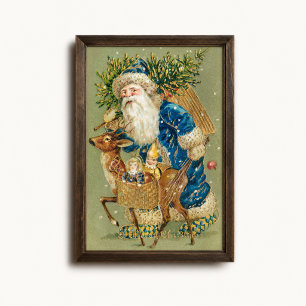 Poster Cartaz do Trenó do Papai Noel Azul Vintage