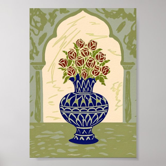 Poster Cartaz do Vaso Geométrico Marroquino Azul com Rosa (Frente)