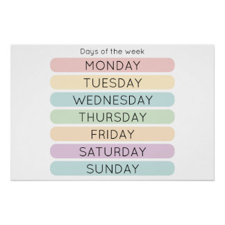 Pôster Cartaz dos Dias da Semana | Decoração de Homeschoo