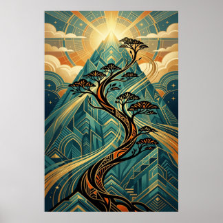 Poster Cartaz Dourado e Azul Turquesa de Bonsai Japonês A