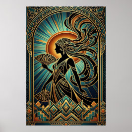 Poster Cartaz Dourado e Azul Turquesa de Retrato de Mulhe