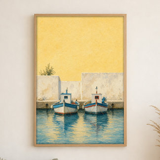 Poster Cartaz em Aquarela de Barcos de Pesca em um Pequen