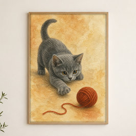 Poster Cartaz em Aquarela de Gatinho Rebatera uma Bola de