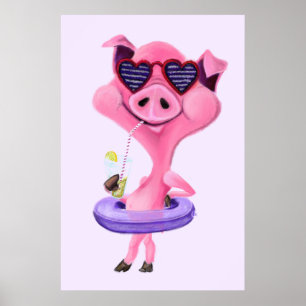 Poster Cartaz Engraçado com Porco Feliz de Festa - Pintur