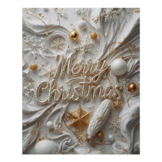 Pôster Cartaz “Feliz Natal” Branco e Dourado