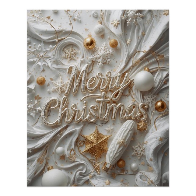 Pôster Cartaz “Feliz Natal” Branco e Dourado (Frente)