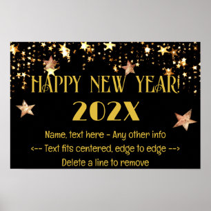 Poster Cartaz Festivo Preto e Dourado de Ano Novo 18 x 12