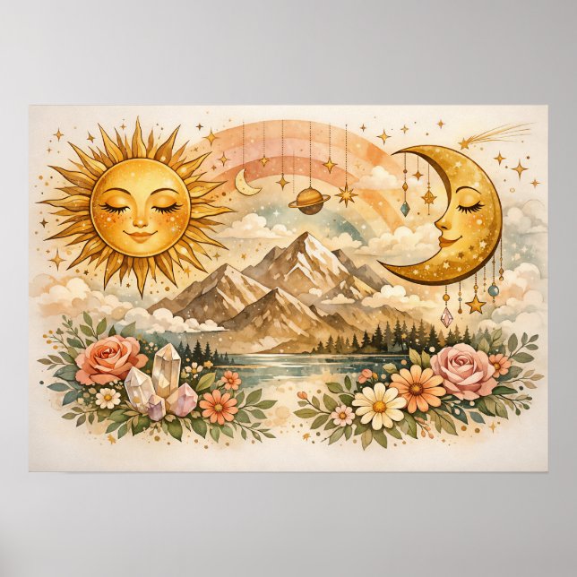 Poster Cartaz Floral Boho Sol e Lua Celestial (Frente)
