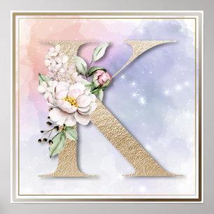 Poster Cartaz Floral Burgundy com Monograma K