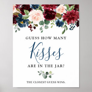 Poster Cartaz Floral de Aquarela em Burgundy Azul Naval B