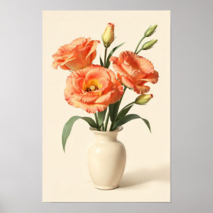 Poster Cartaz Floral de Lisianthus Damasco em Vaso de Cre