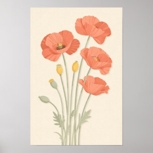 Poster Cartaz Floral de Papoulas Corais e Ramos de Salvia