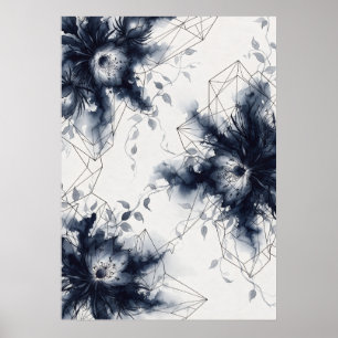 Poster Cartaz Floral Geométrico de Peônia Azul Marinho