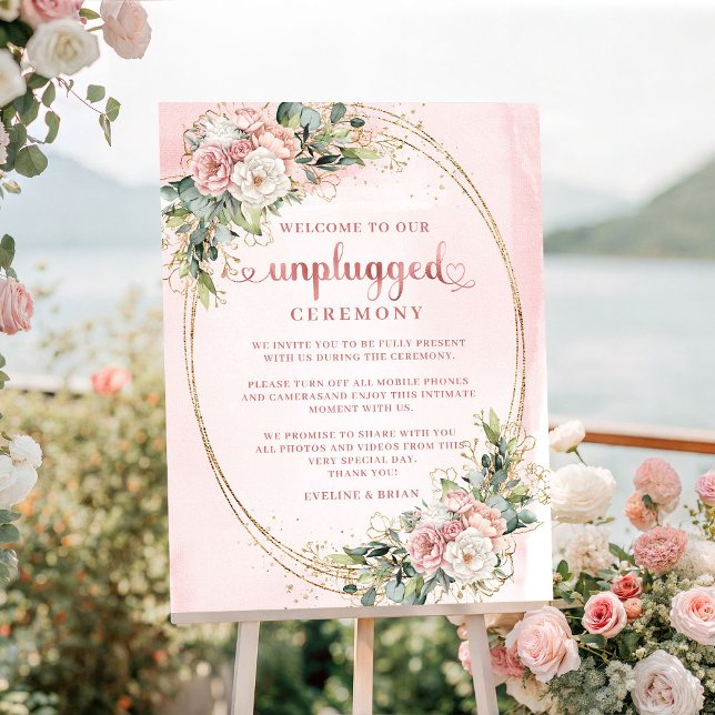 Poster Cartaz Floral Verde Elegante em Dourado Rosa Sem F (Elegant Rose Gold Floral Greenery Unplugged Poster)