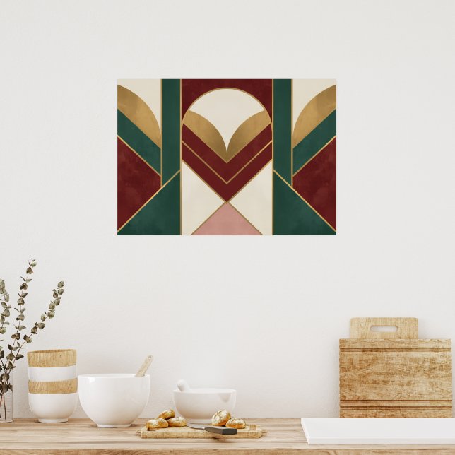 Poster Cartaz Geométrico Art Déco Verde e Dourado (Cozinha)