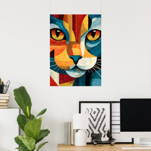 Poster Cartaz Geométrico de Gato Abstrato Colorido