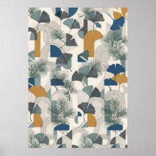 Poster Cartaz Geométrico Teal Navy Mostarda Ginkgo Pine
