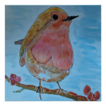Cartaz Glossy de aguarela Robin Red
