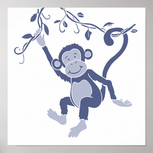 Pôster Cartaz gráfico azul de macaco para crianças (Frente)