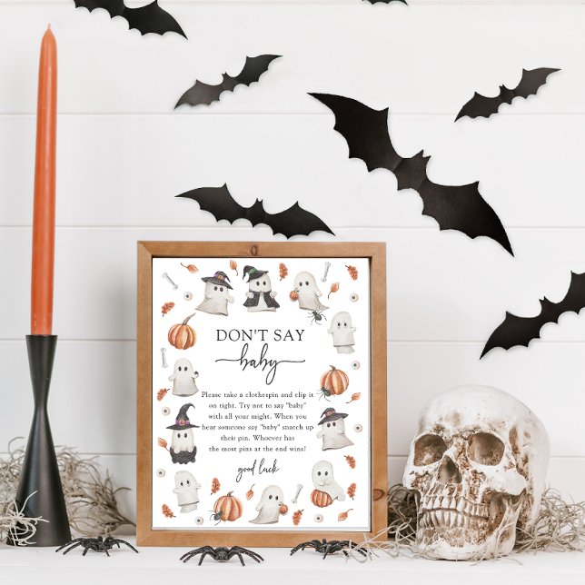 Poster Cartaz Halloween Não Diga Bebê (Halloween Don't Say Baby Sign A Little Boo Is Almost Due Ghost Pumpkin Baby Shower)