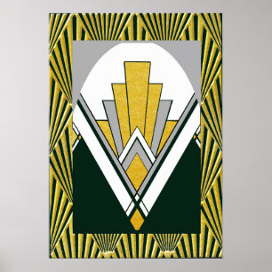 Poster Cartaz icônico Art Déco. Dourado, cinza e preto.