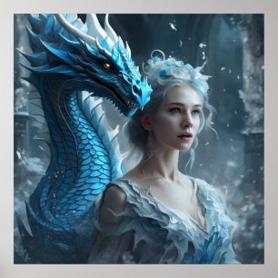 Poster Cartaz - Imagem AI de Dragão e Garota em Azul Gelo